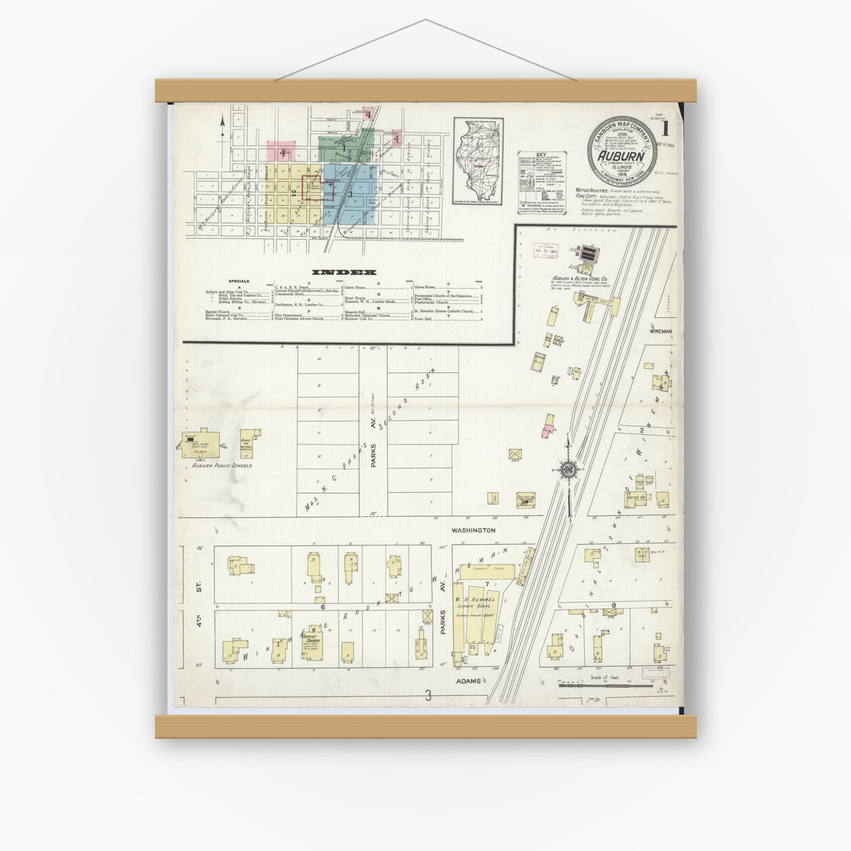 Old map wall art mockup — magnetic wood frame on white wall — Sanborn Fire Insurance Map from Auburn, Sangamon County, Illinois (1914), Sheet #0001