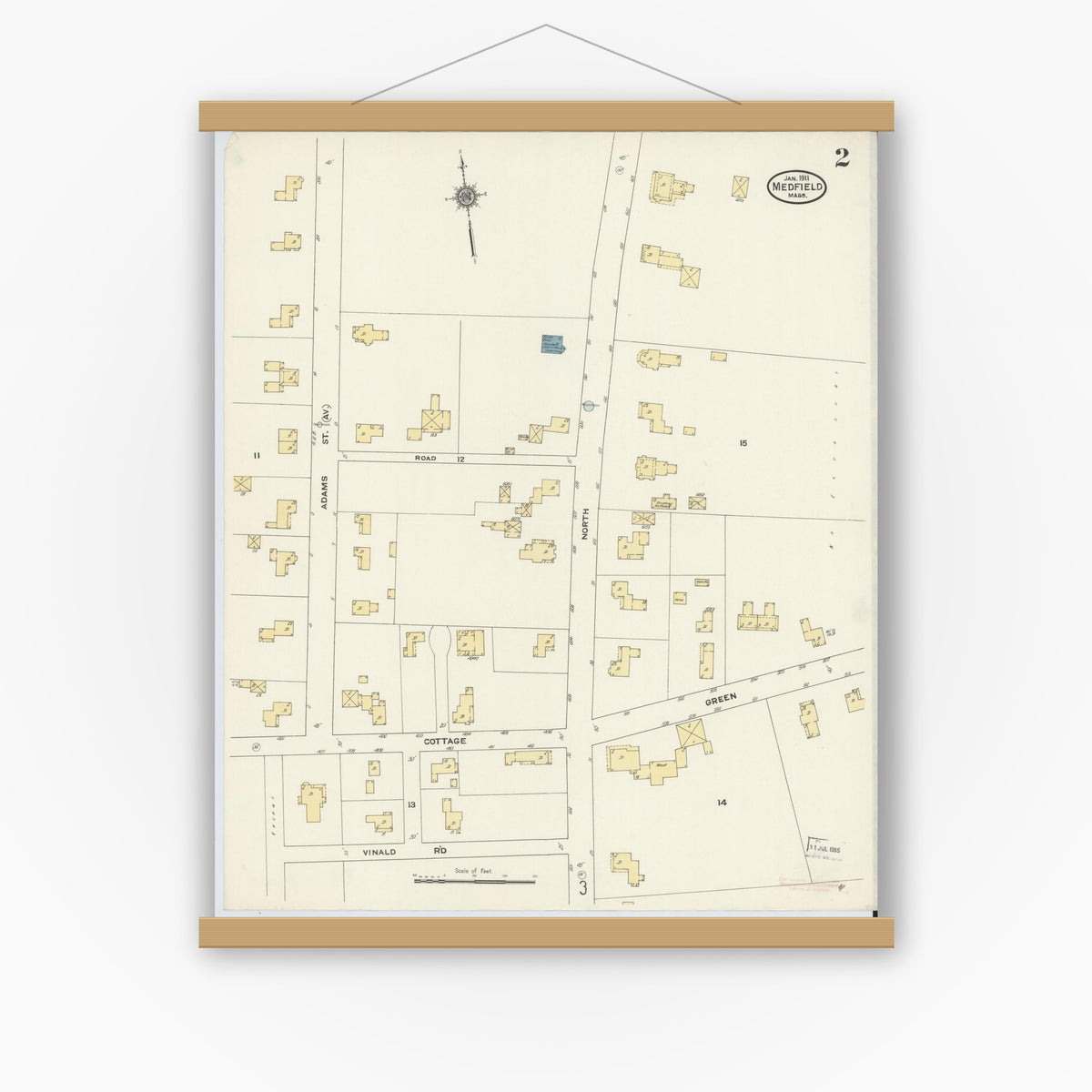 Old map wall art mockup — magnetic wood frame on white wall — Sanborn Fire Insurance Map from Medfield, Norfolk County, Massachusetts (1911), Sheet #0002