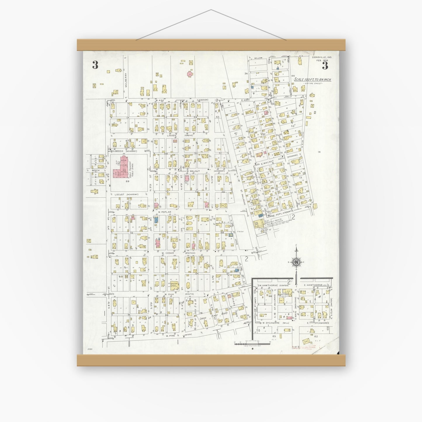 Old map wall art mockup — magnetic wood frame on white wall — Sanborn Fire Insurance Map from Zionsville, Boone County, Indiana (1939), Sheet #0003