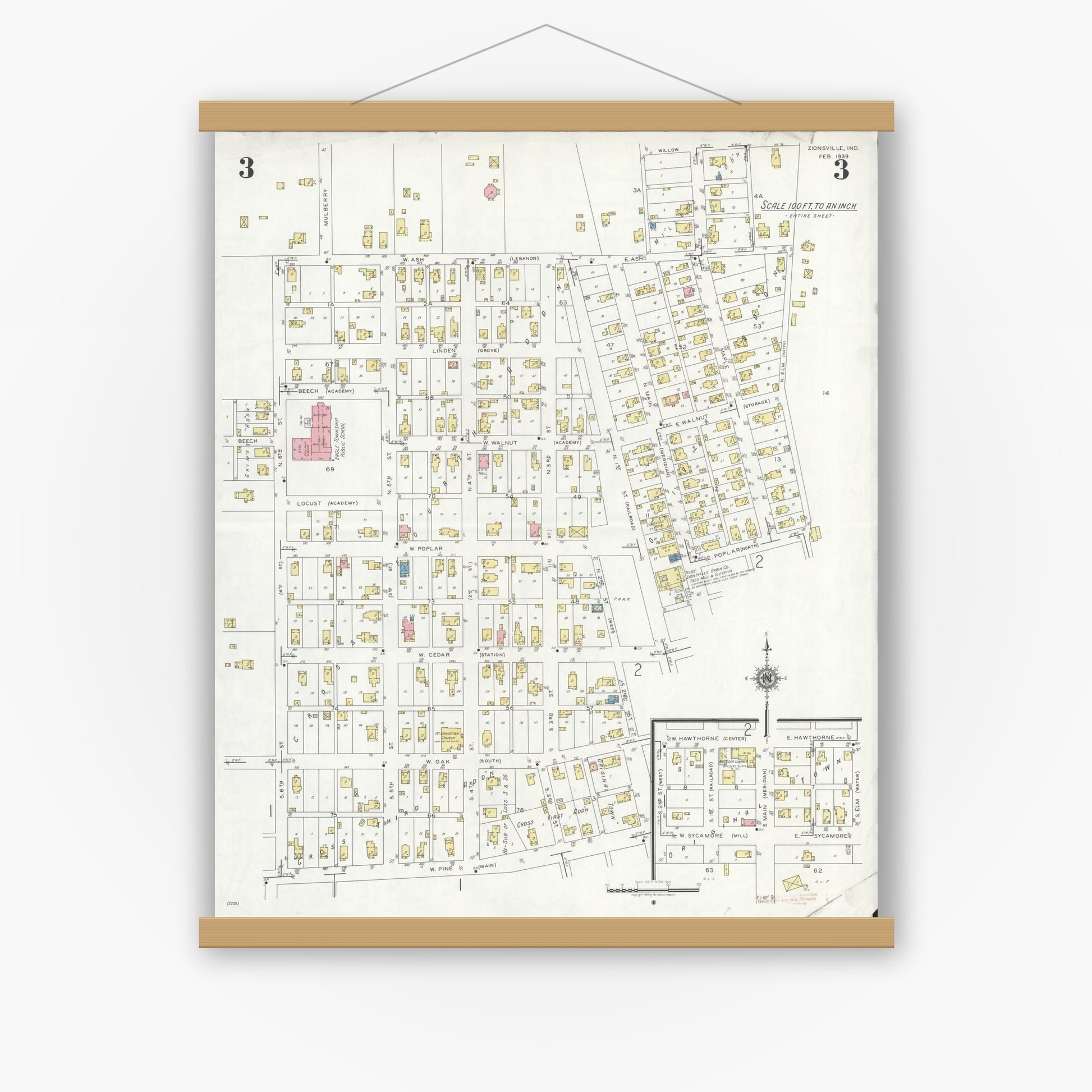 Old map wall art mockup — magnetic wood frame on white wall — Sanborn Fire Insurance Map from Zionsville, Boone County, Indiana (1939), Sheet #0003