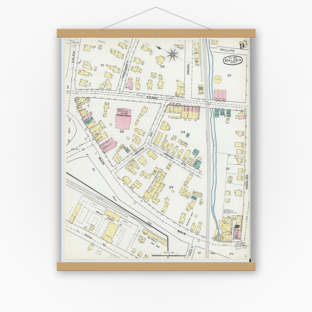 Old map wall art mockup — magnetic wood frame on white wall — Sanborn Fire Insurance Map from Malden, Middlesex County, Massachusetts (1892), Sheet #0009