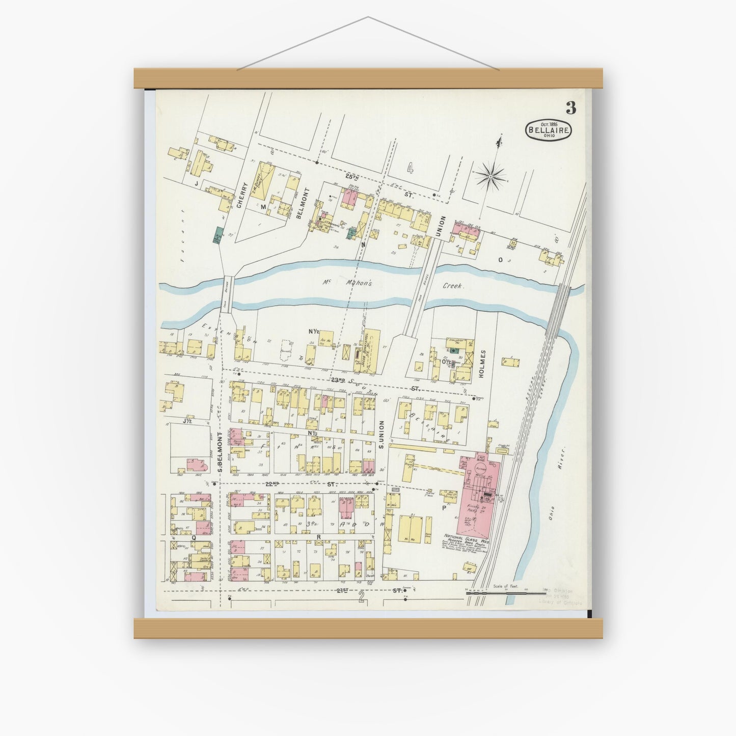 Old map wall art mockup — magnetic wood frame on white wall — Sanborn Fire Insurance Map from Bellaire, Belmont County, Ohio (1895), Sheet #0003