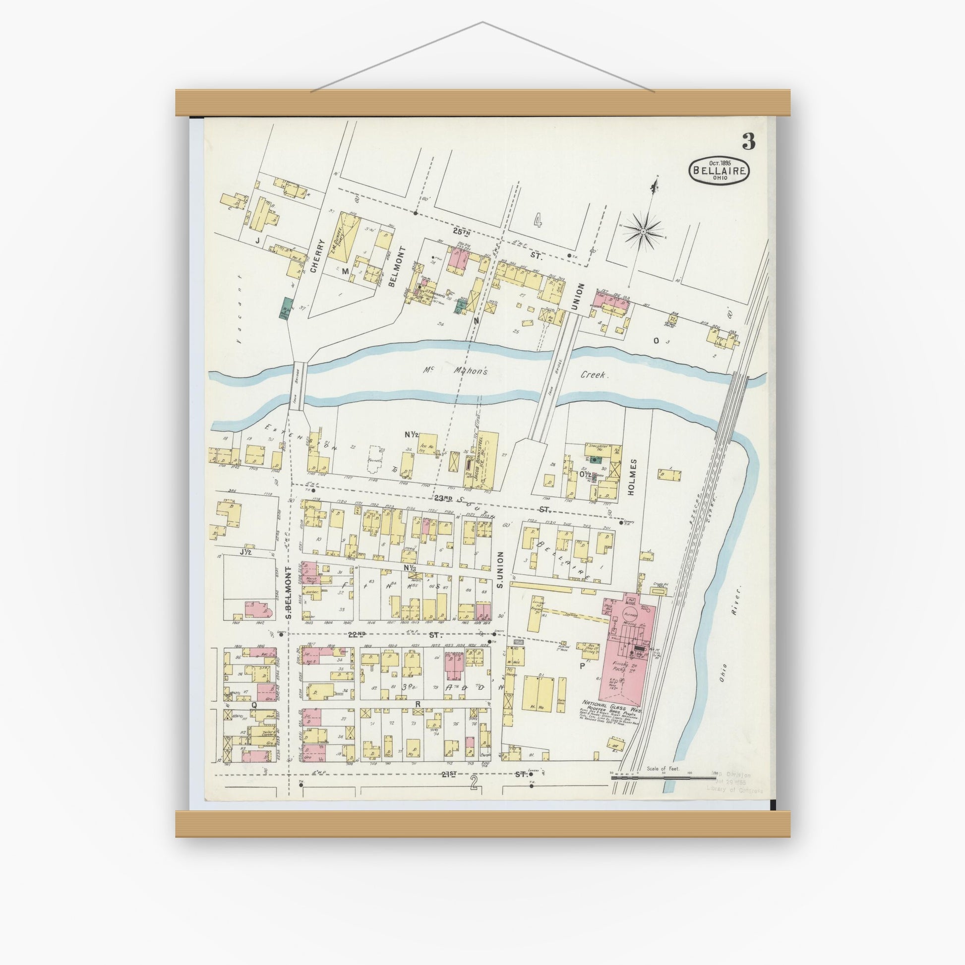 Old map wall art mockup — magnetic wood frame on white wall — Sanborn Fire Insurance Map from Bellaire, Belmont County, Ohio (1895), Sheet #0003