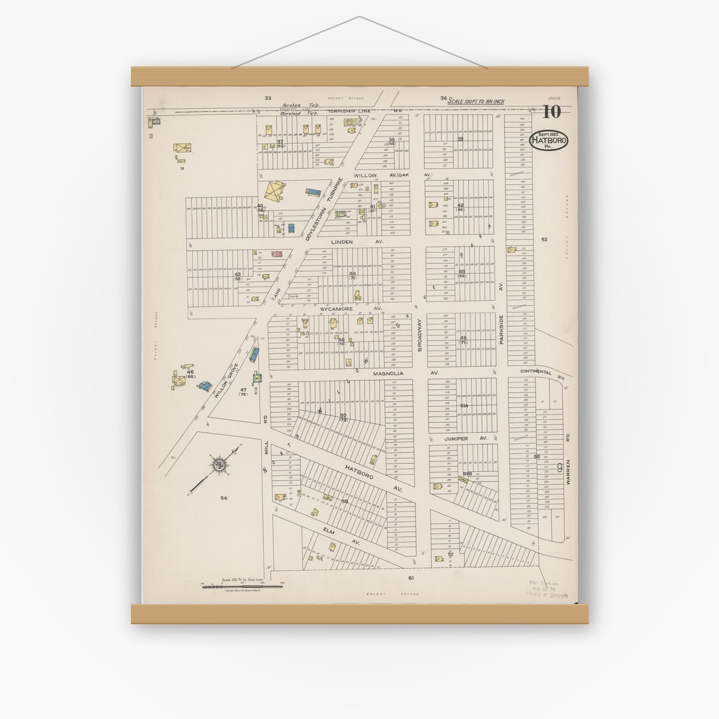Old map wall art mockup — magnetic wood frame on white wall — Sanborn Fire Insurance Map from Hatboro, Montgomery County, Pennsylvania (1922), Sheet #0010