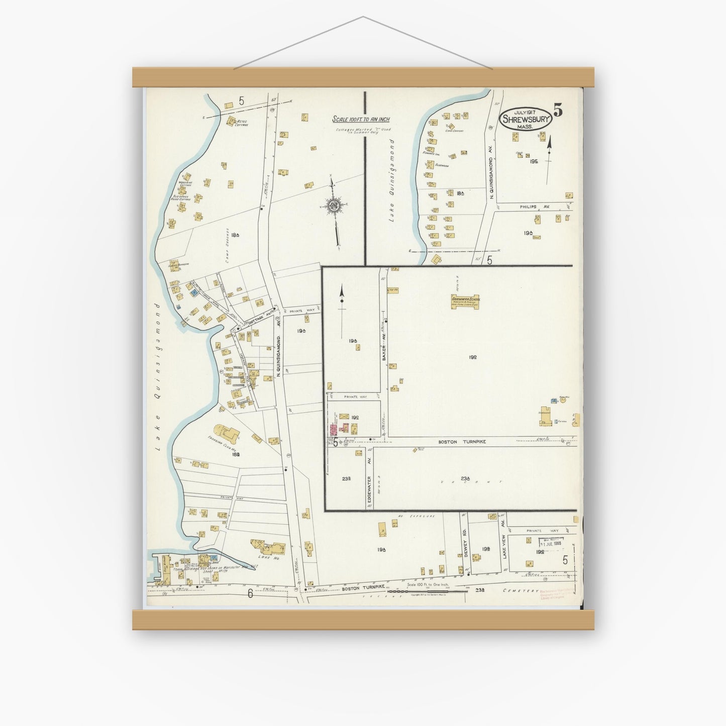 Old map wall art mockup — magnetic wood frame on white wall — Sanborn Fire Insurance Map from Shrewsbury, Worcester County, Massachusetts (1917), Sheet #0005
