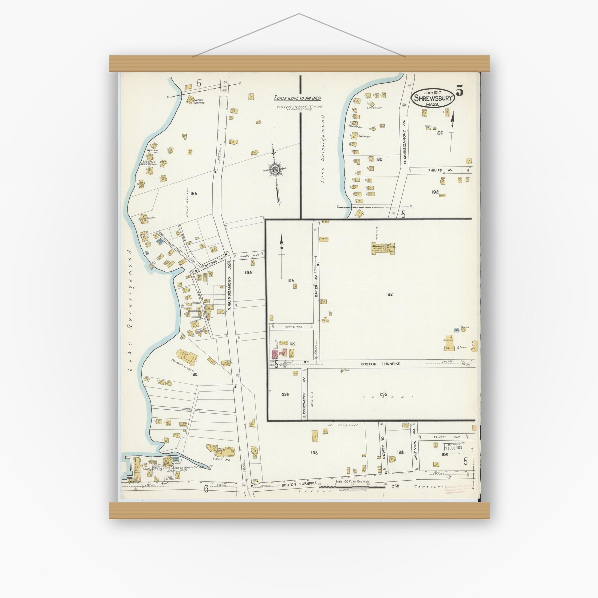 Old map wall art mockup — magnetic wood frame on white wall — Sanborn Fire Insurance Map from Shrewsbury, Worcester County, Massachusetts (1917), Sheet #0005