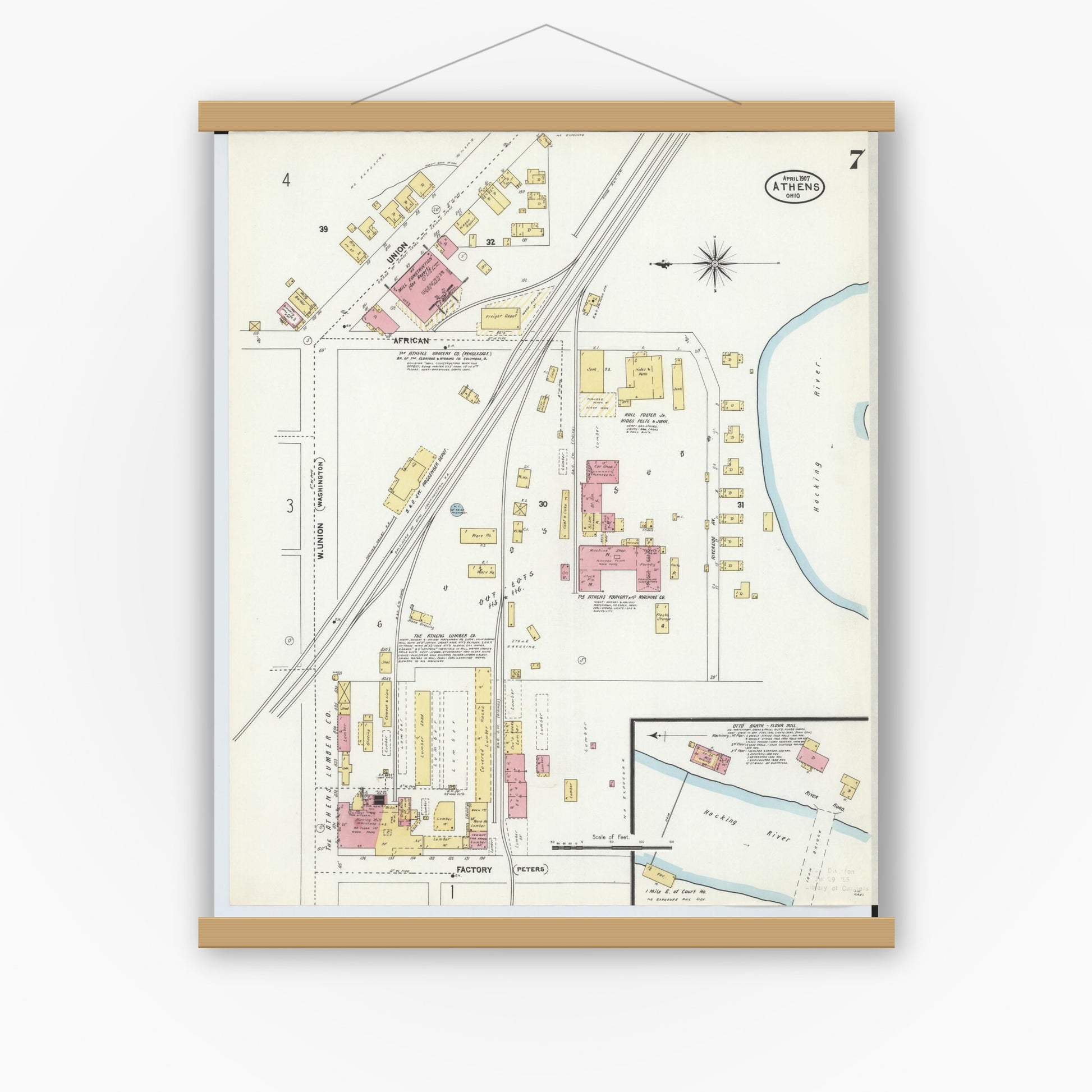 Old map wall art mockup — magnetic wood frame on white wall — Sanborn Fire Insurance Map from Athens, Athens County, Ohio (1907), Sheet #0007