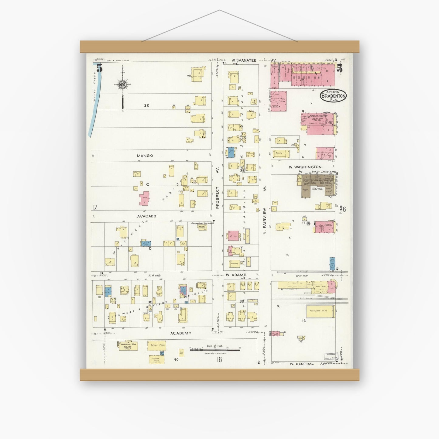 Old map wall art mockup — magnetic wood frame on white wall — Sanborn Fire Insurance Map from Bradentown, Manatee County, Florida (1926), Sheet #0005