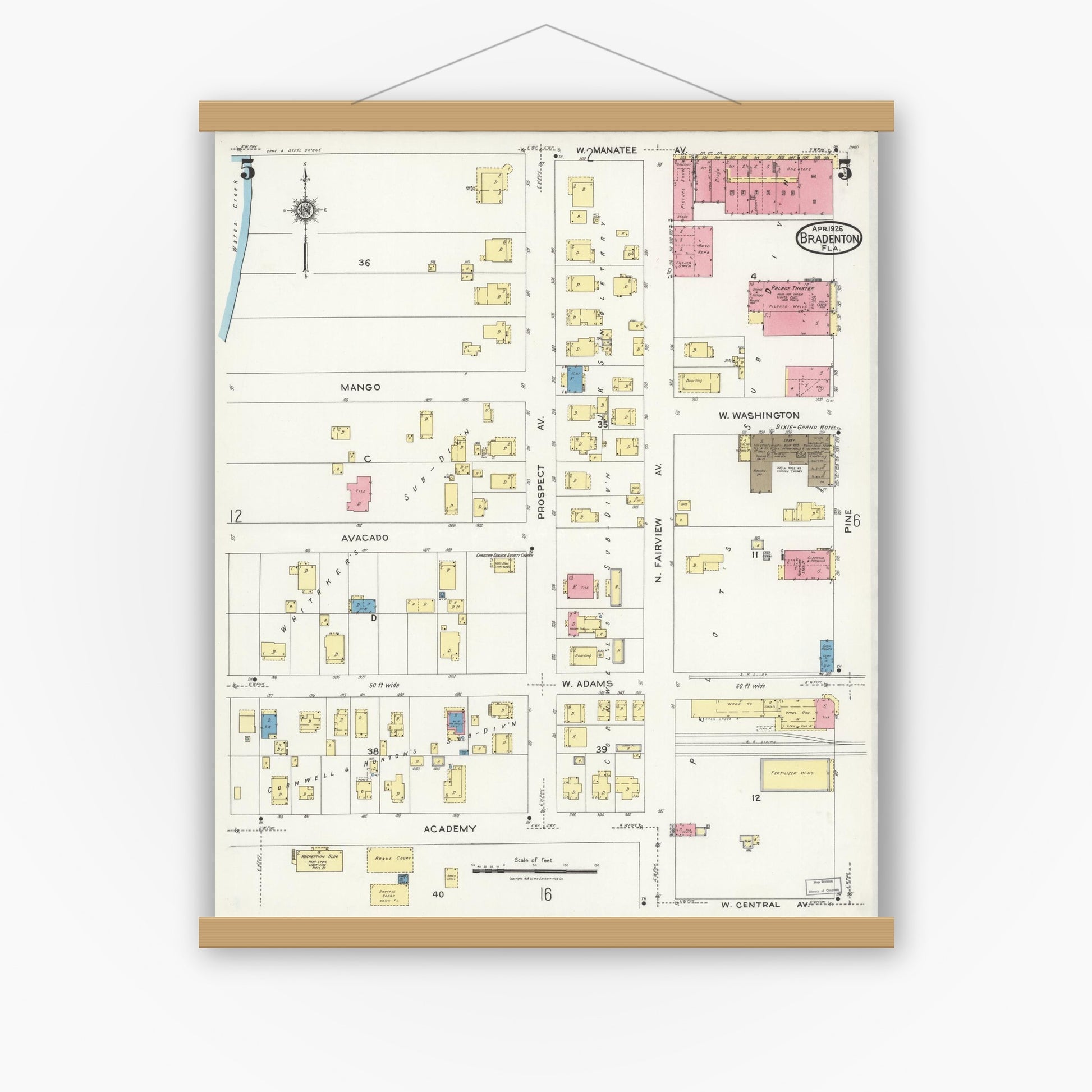 Old map wall art mockup — magnetic wood frame on white wall — Sanborn Fire Insurance Map from Bradentown, Manatee County, Florida (1926), Sheet #0005
