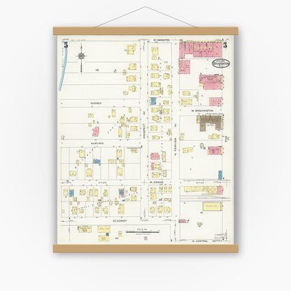 Old map wall art mockup — magnetic wood frame on white wall — Sanborn Fire Insurance Map from Bradentown, Manatee County, Florida (1926), Sheet #0005