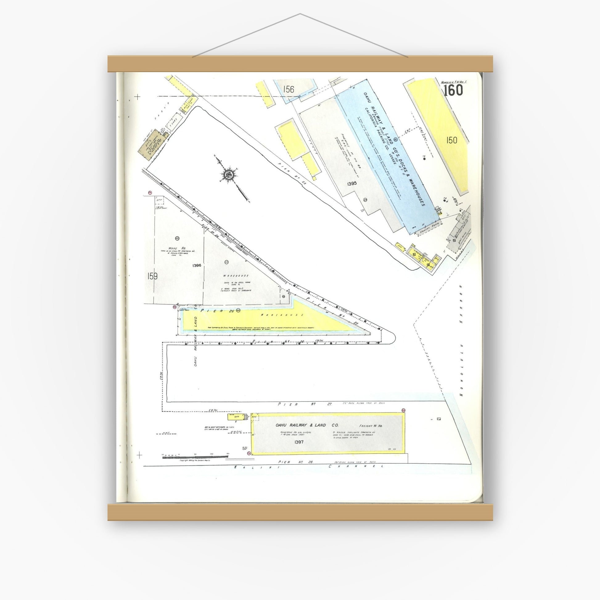 Old map wall art mockup — magnetic wood frame on white wall — Sanborn Fire Insurance Map from Honolulu, Oahu County, Hawaii (1955), Sheet #0160