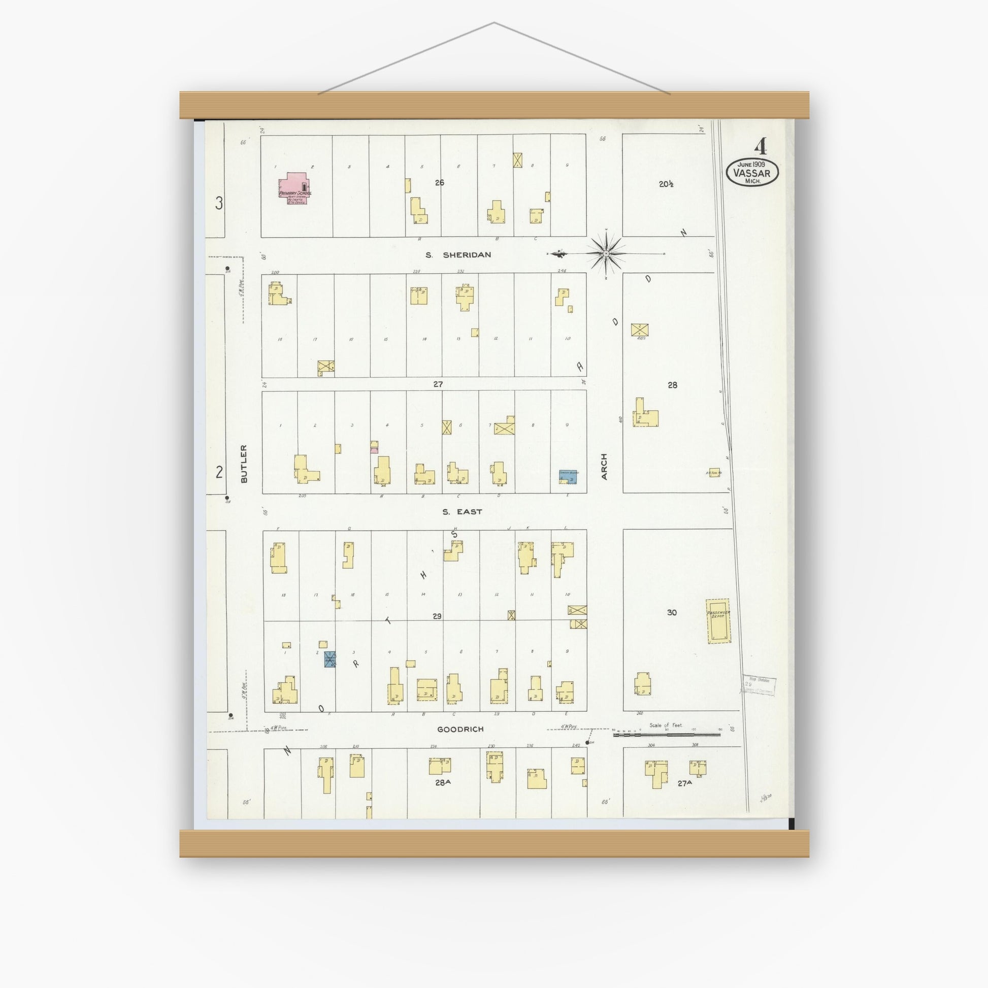 Old map wall art mockup — magnetic wood frame on white wall — Sanborn Fire Insurance Map from Vassar, Tuscola County, Michigan (1909), Sheet #0004