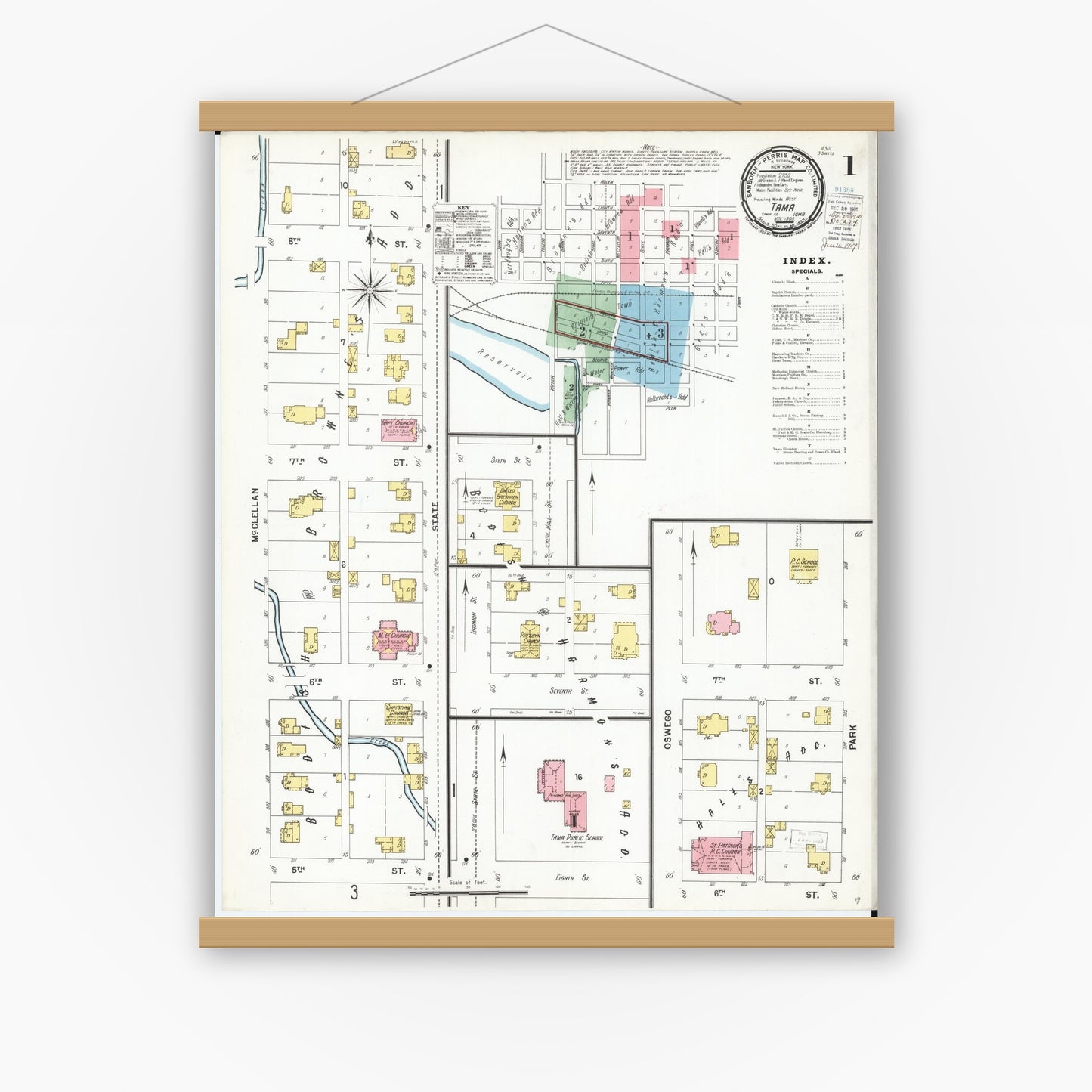 Old map wall art mockup — magnetic wood frame on white wall — Sanborn Fire Insurance Map from Tama, Tama County, Iowa (1900), Sheet #0001