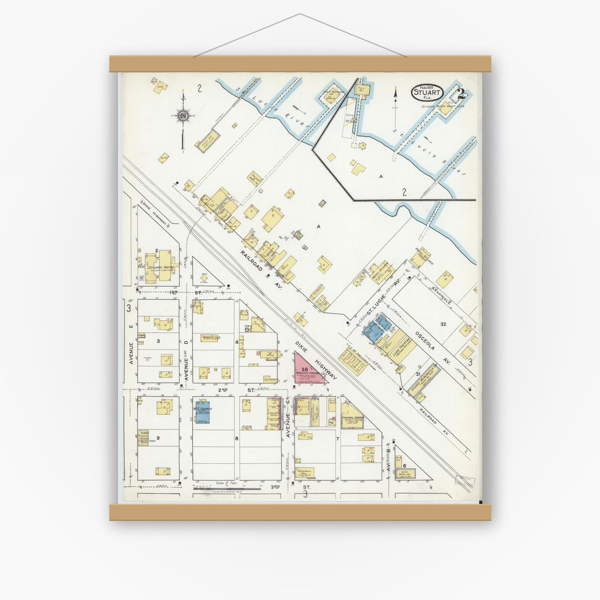 Old map wall art mockup — magnetic wood frame on white wall — Sanborn Fire Insurance Map from Stuart, Martin County, Florida (1920), Sheet #0002