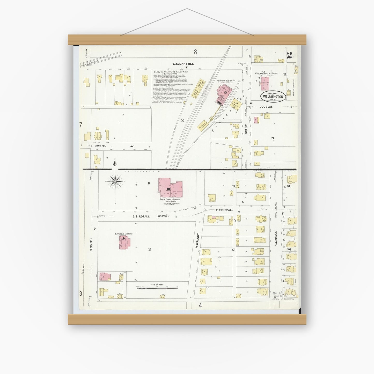 Old map wall art mockup — magnetic wood frame on white wall — Sanborn Fire Insurance Map from Wilmington, Clinton County, Ohio (1907), Sheet #0002