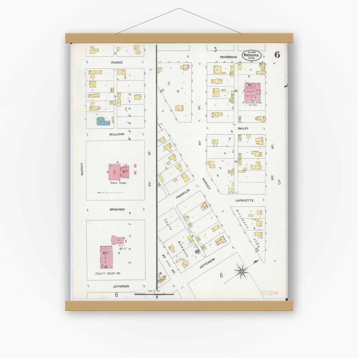 Old map wall art mockup — magnetic wood frame on white wall — Sanborn Fire Insurance Map from Wabasha, Wabasha County, Minnesota (1902), Sheet #0006