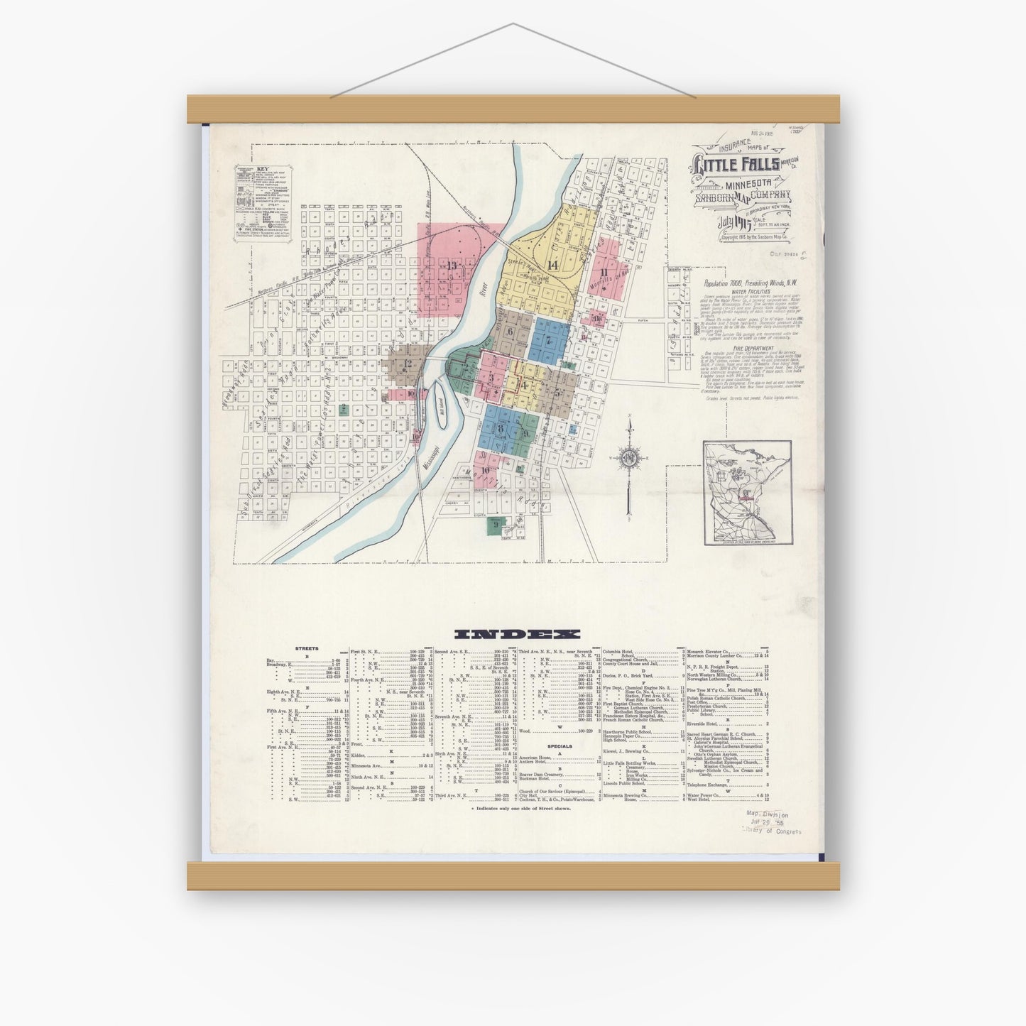 Old map wall art mockup — magnetic wood frame on white wall — Sanborn Fire Insurance Map from Little Falls, Morrison County, Minnesota (1915), Sheet #0001