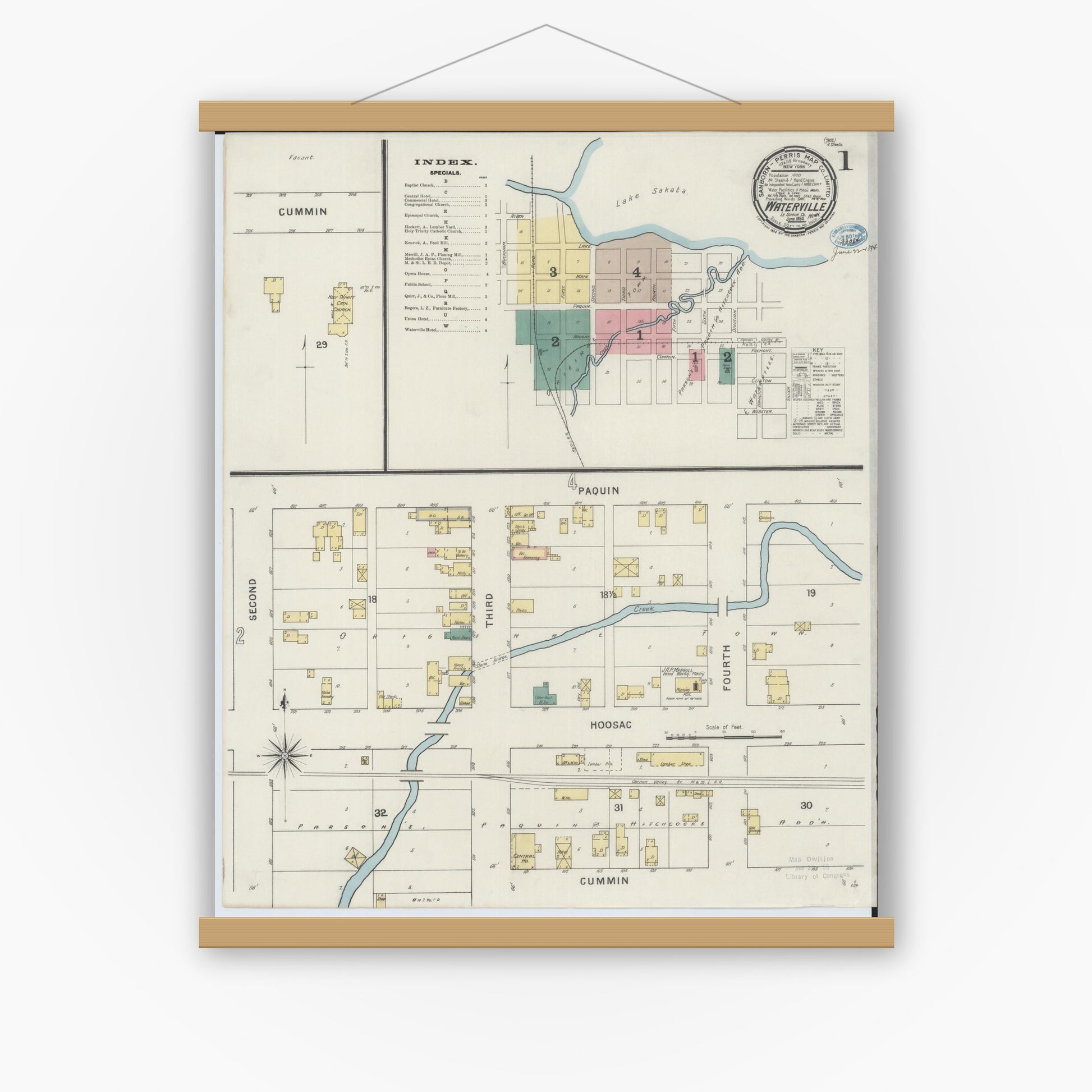 Old map wall art mockup — magnetic wood frame on white wall — Sanborn Fire Insurance Map from Waterville, Le Sueur County, Minnesota (1894), Sheet #0001