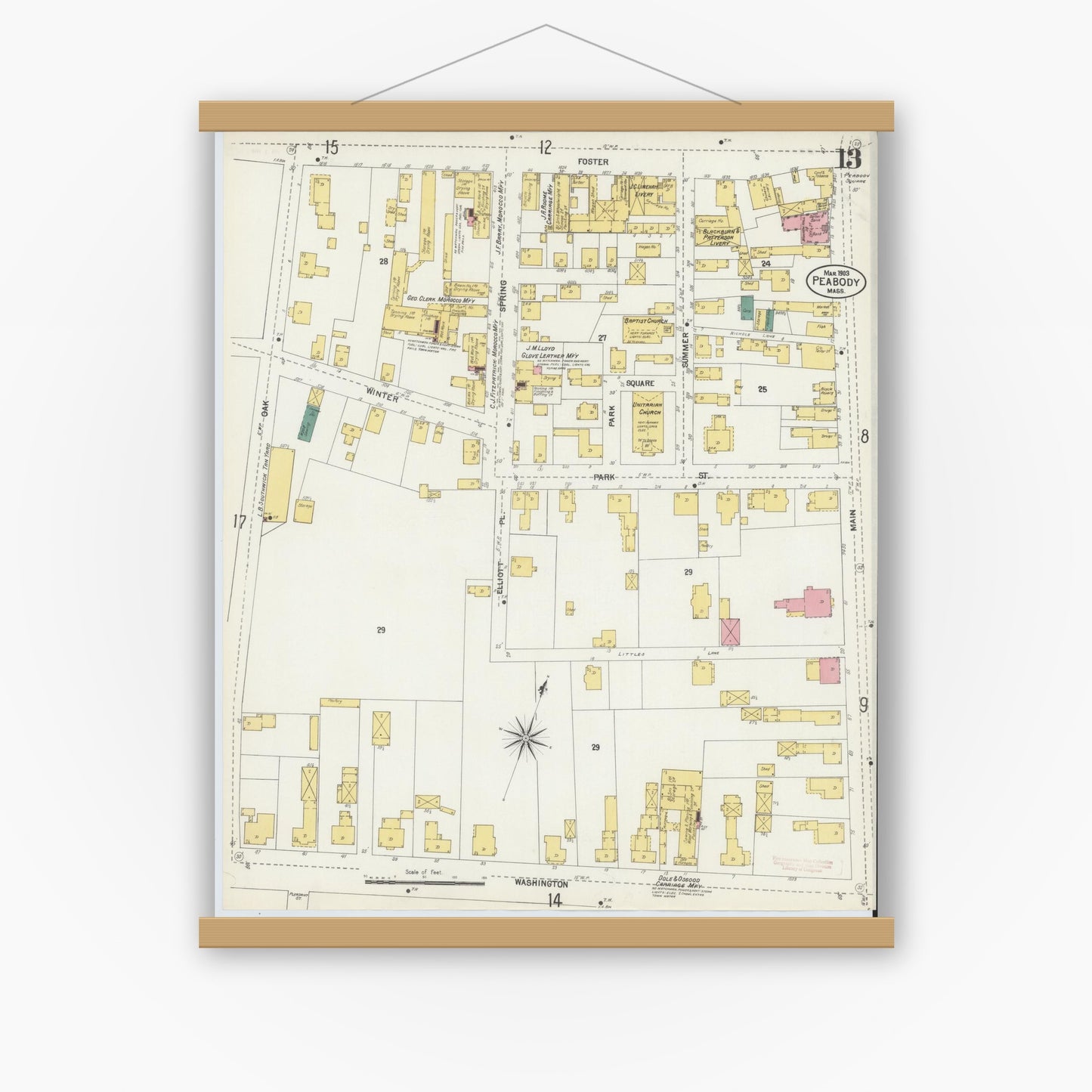 Old map wall art mockup — magnetic wood frame on white wall — Sanborn Fire Insurance Map from Peabody, Essex County, Massachusetts (1903), Sheet #0013