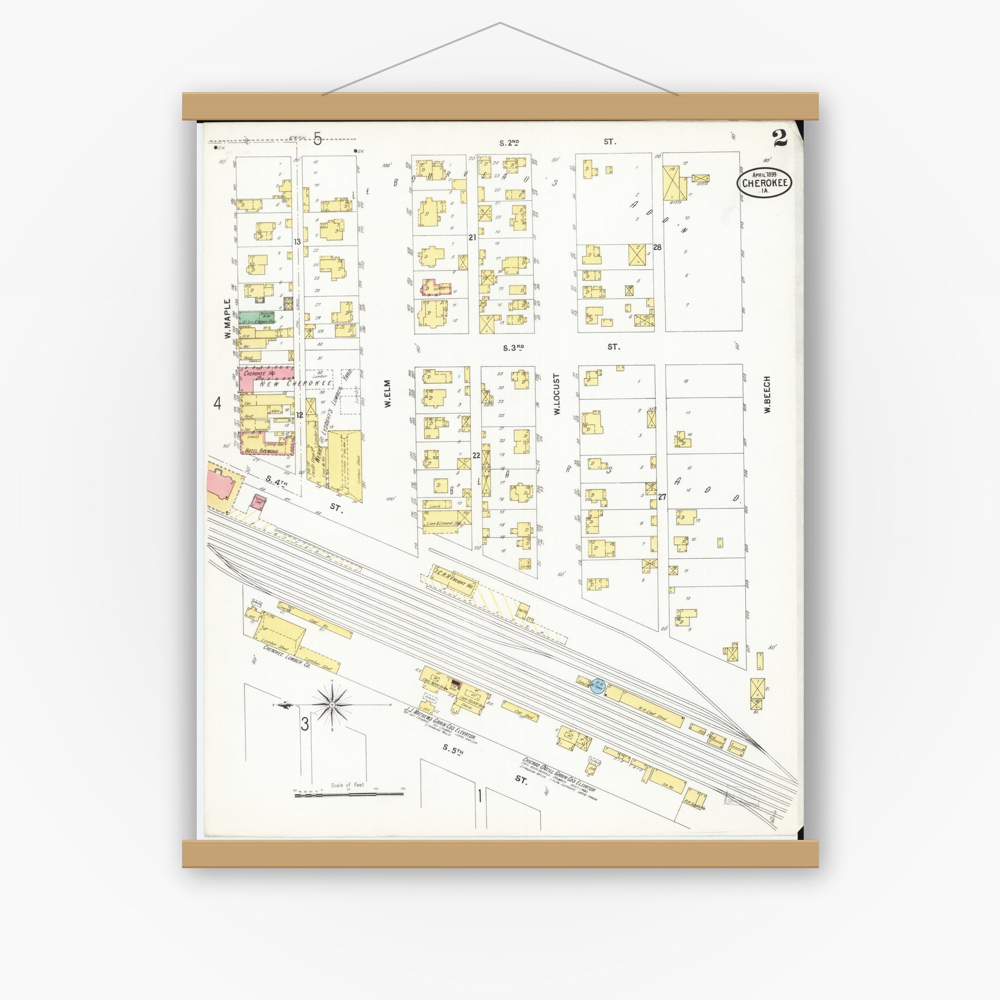 Old map wall art mockup — magnetic wood frame on white wall — Sanborn Fire Insurance Map from Cherokee, Cherokee County, Iowa (1899), Sheet #0002