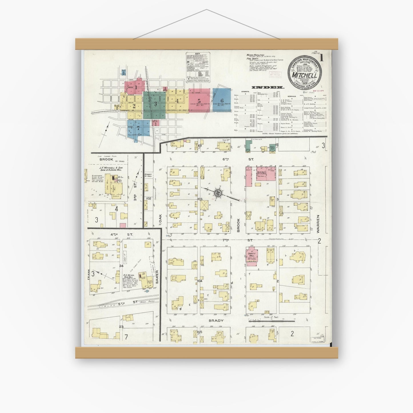 Old map wall art mockup — magnetic wood frame on white wall — Sanborn Fire Insurance Map from Mitchell, Lawrence County, Indiana (1909), Sheet #0001