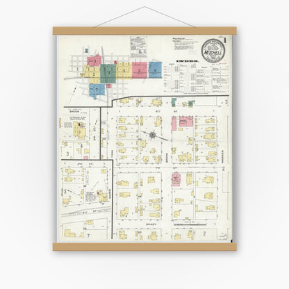 Old map wall art mockup — magnetic wood frame on white wall — Sanborn Fire Insurance Map from Mitchell, Lawrence County, Indiana (1909), Sheet #0001