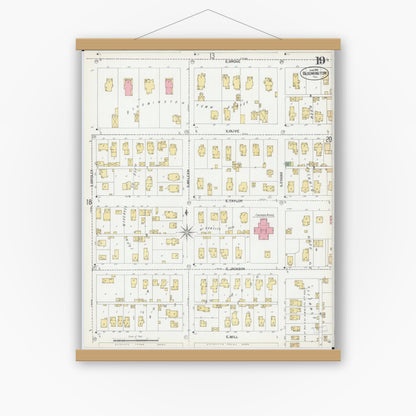 Old map wall art mockup — magnetic wood frame on white wall — Sanborn Fire Insurance Map from Bloomington, McLean County, Illinois (1901), Sheet #0019