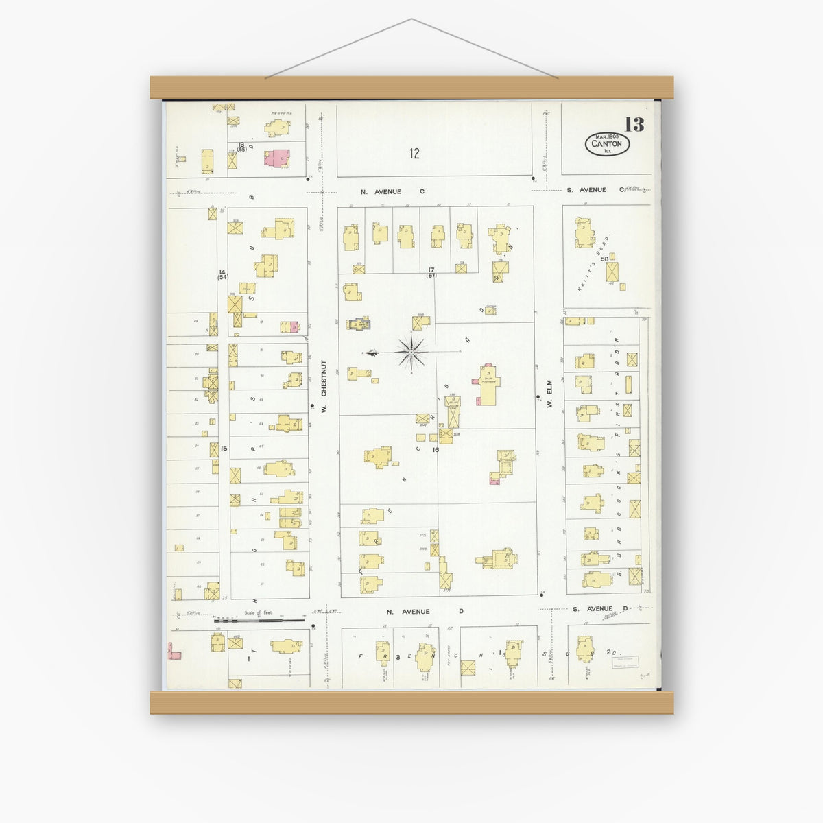 Old map wall art mockup — magnetic wood frame on white wall — Sanborn Fire Insurance Map from Canton, Fulton County, Illinois (1909), Sheet #0013
