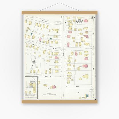 Old map wall art mockup — magnetic wood frame on white wall — Sanborn Fire Insurance Map from Oneida, Madison County, New York (1909), Sheet #0013