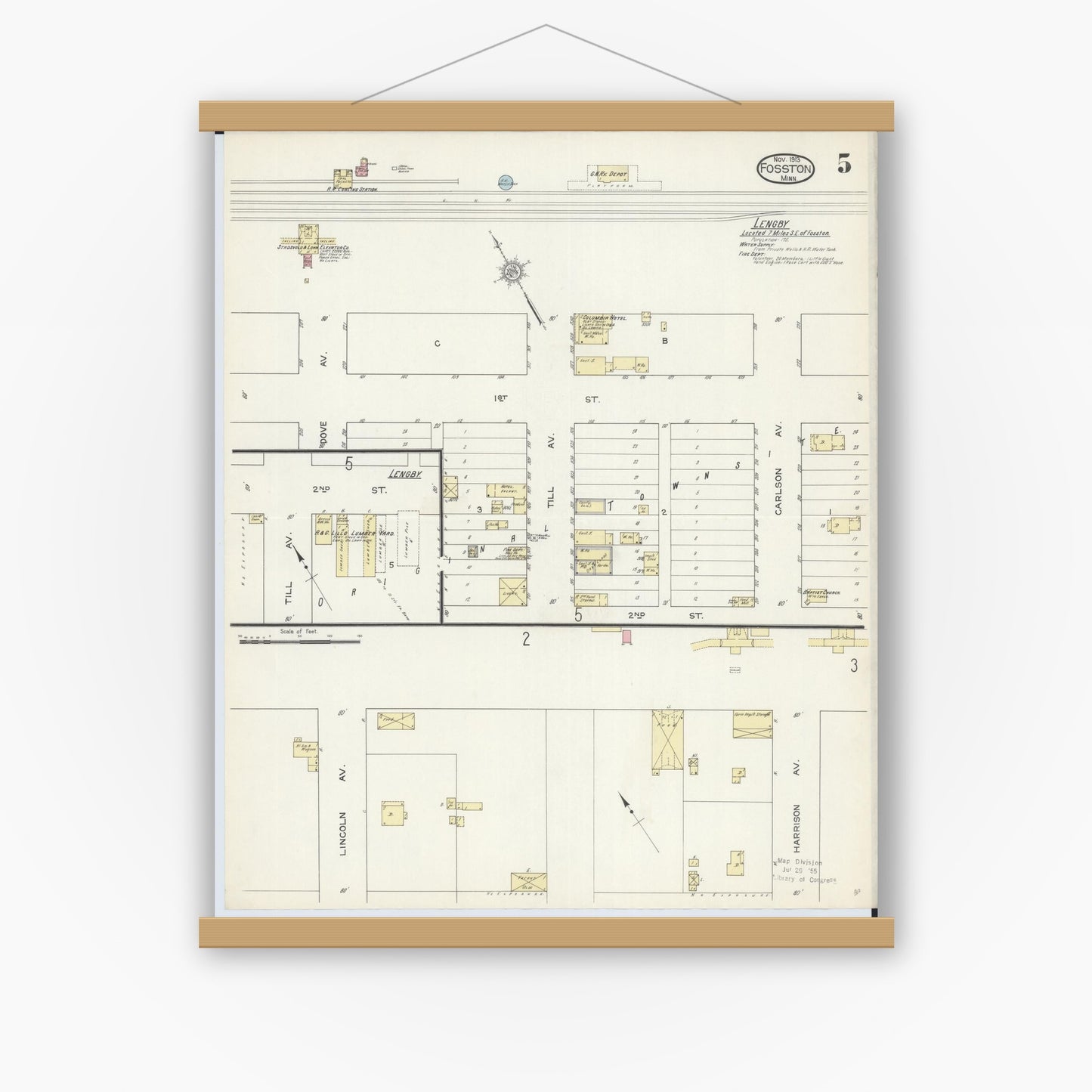 Old map wall art mockup — magnetic wood frame on white wall — Sanborn Fire Insurance Map from Fosston, Polk County, Minnesota (1913), Sheet #0005