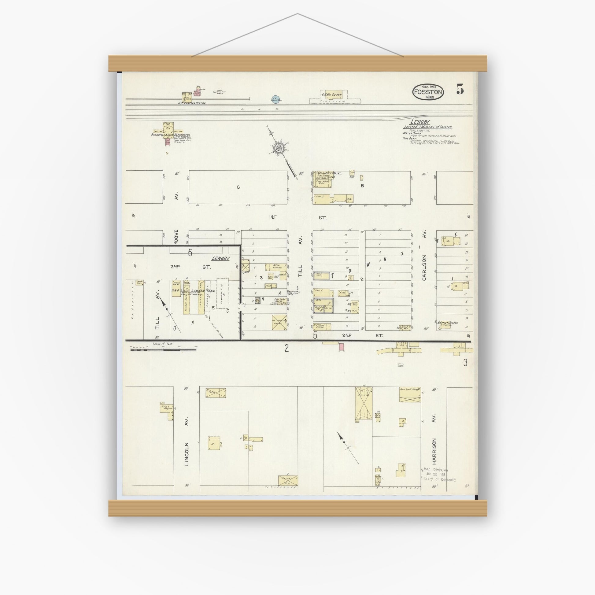 Old map wall art mockup — magnetic wood frame on white wall — Sanborn Fire Insurance Map from Fosston, Polk County, Minnesota (1913), Sheet #0005