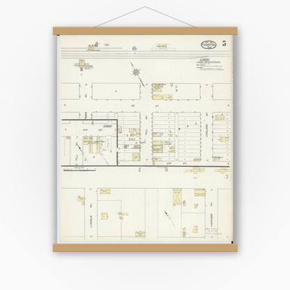 Old map wall art mockup — magnetic wood frame on white wall — Sanborn Fire Insurance Map from Fosston, Polk County, Minnesota (1913), Sheet #0005
