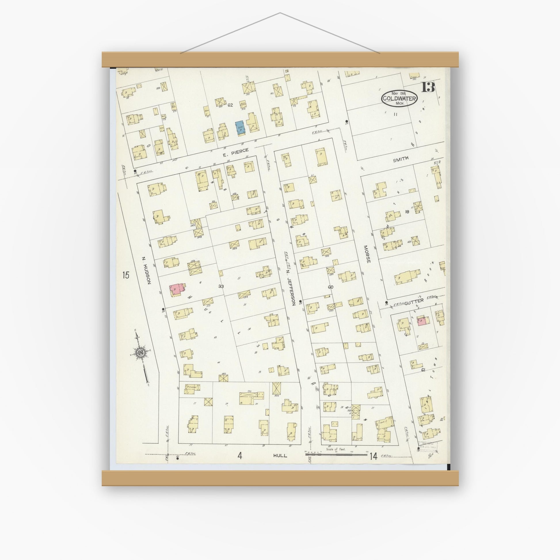 Old map wall art mockup — magnetic wood frame on white wall — Sanborn Fire Insurance Map from Coldwater, Branch County, Michigan (1914), Sheet #0013