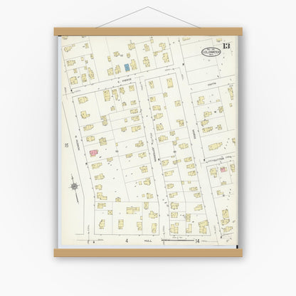Old map wall art mockup — magnetic wood frame on white wall — Sanborn Fire Insurance Map from Coldwater, Branch County, Michigan (1914), Sheet #0013