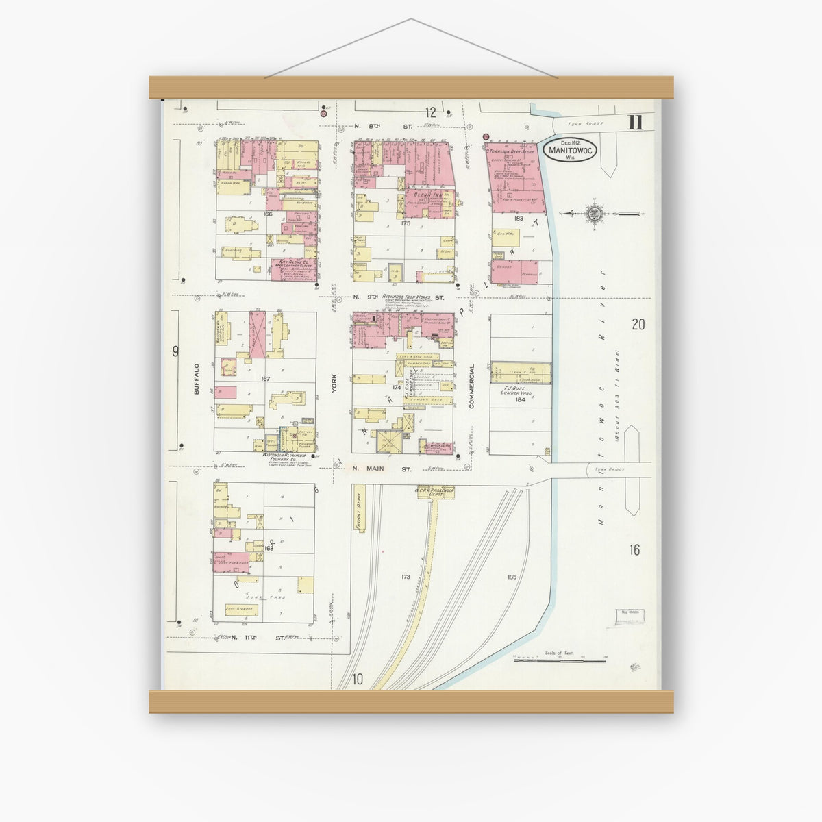 Old map wall art mockup — magnetic wood frame on white wall — Sanborn Fire Insurance Map from Manitowoc, Manitowoc County, Wisconsin (1912), Sheet #0011
