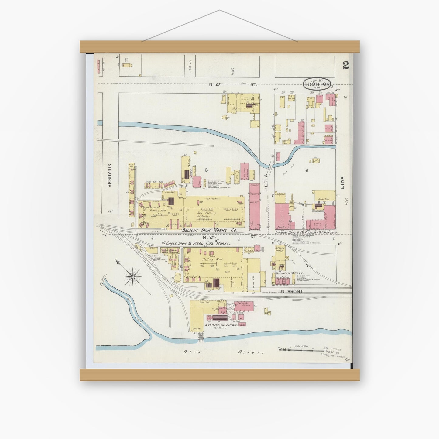 Old map wall art mockup — magnetic wood frame on white wall — Sanborn Fire Insurance Map from Ironton, Lawrence County, Ohio (1893), Sheet #0002