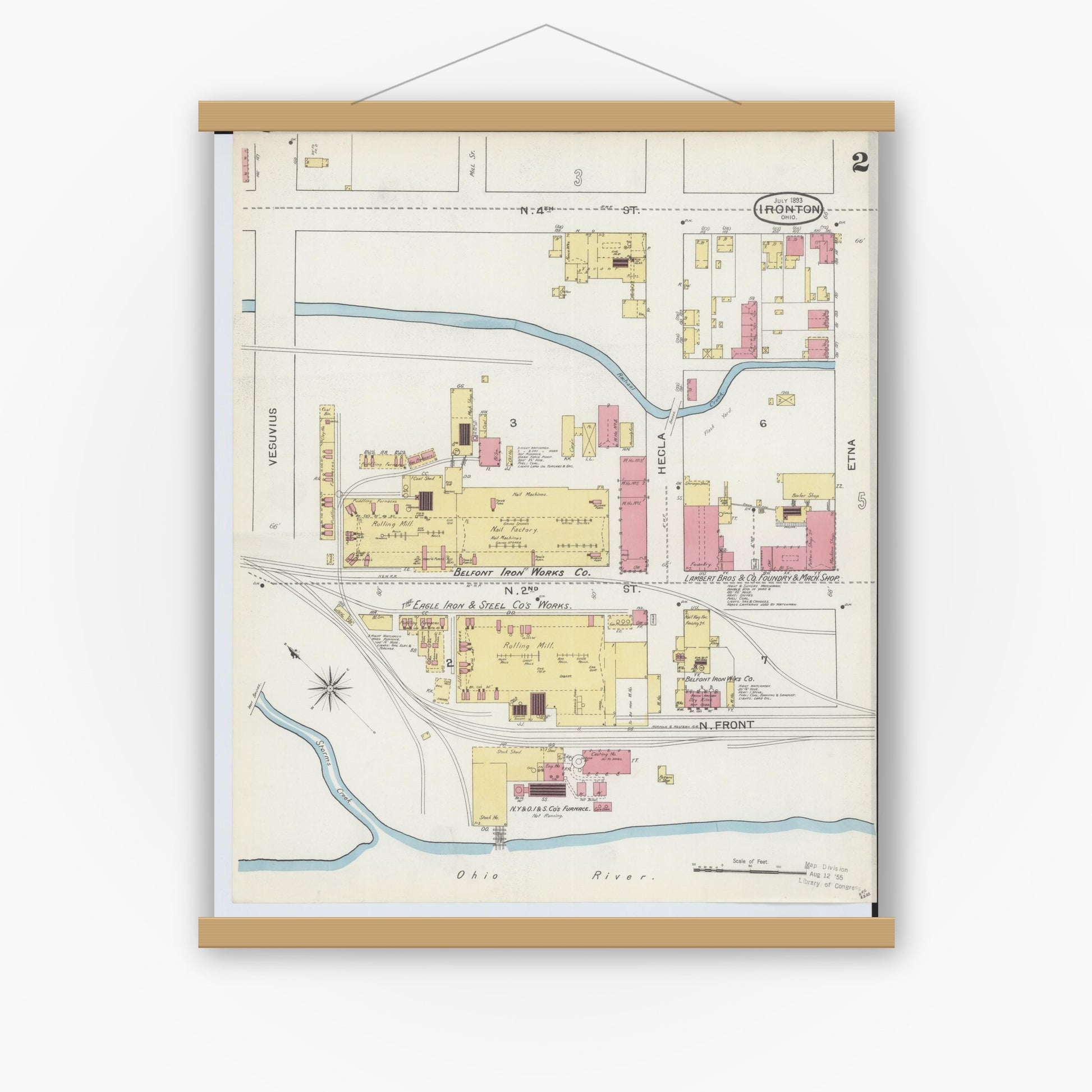 Old map wall art mockup — magnetic wood frame on white wall — Sanborn Fire Insurance Map from Ironton, Lawrence County, Ohio (1893), Sheet #0002
