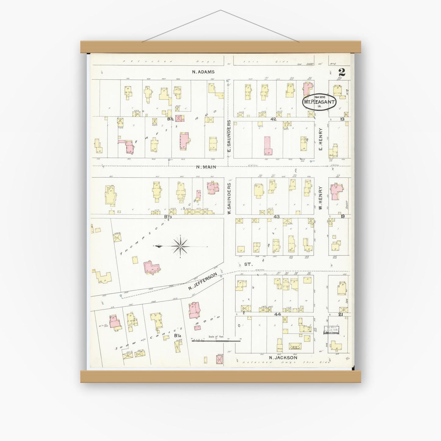 Old map wall art mockup — magnetic wood frame on white wall — Sanborn Fire Insurance Map from Mount Pleasant, Henry County, Iowa (1892), Sheet #0002