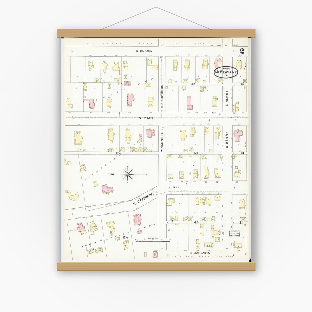 Old map wall art mockup — magnetic wood frame on white wall — Sanborn Fire Insurance Map from Mount Pleasant, Henry County, Iowa (1892), Sheet #0002