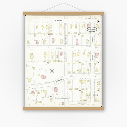 Old map wall art mockup — magnetic wood frame on white wall — Sanborn Fire Insurance Map from Mount Pleasant, Henry County, Iowa (1892), Sheet #0002