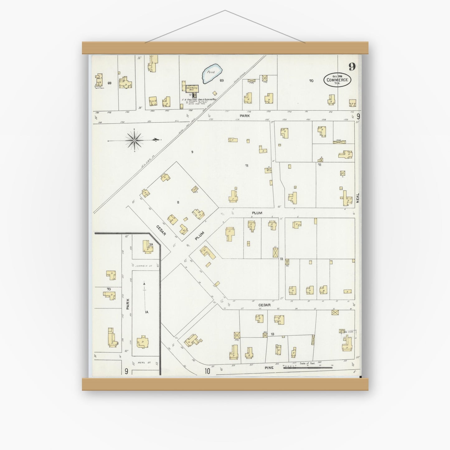 Old map wall art mockup — magnetic wood frame on white wall — Sanborn Fire Insurance Map from Commerce, Hunt County, Texas (1906), Sheet #0009