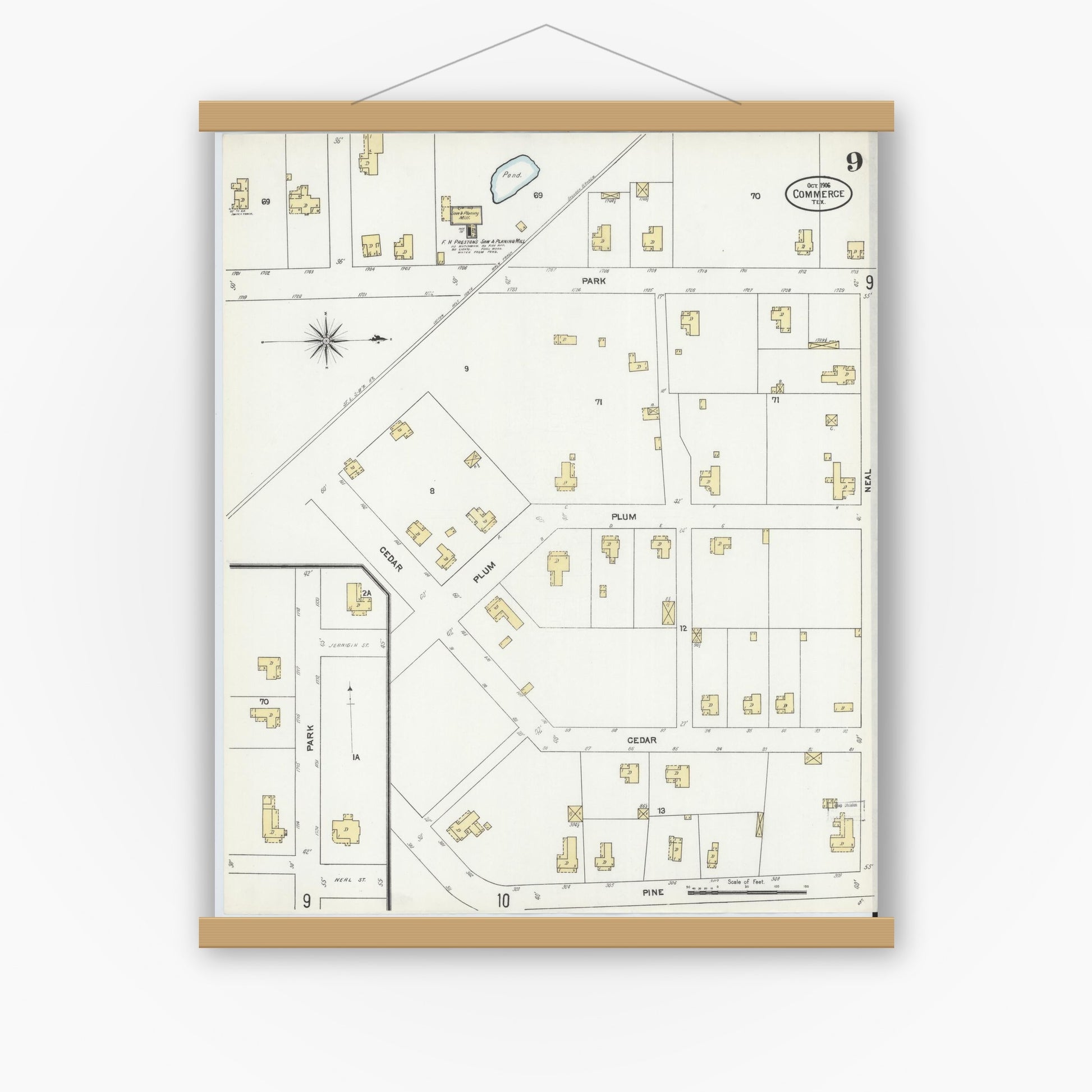 Old map wall art mockup — magnetic wood frame on white wall — Sanborn Fire Insurance Map from Commerce, Hunt County, Texas (1906), Sheet #0009
