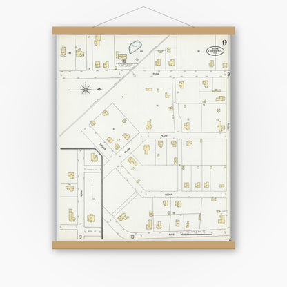 Old map wall art mockup — magnetic wood frame on white wall — Sanborn Fire Insurance Map from Commerce, Hunt County, Texas (1906), Sheet #0009