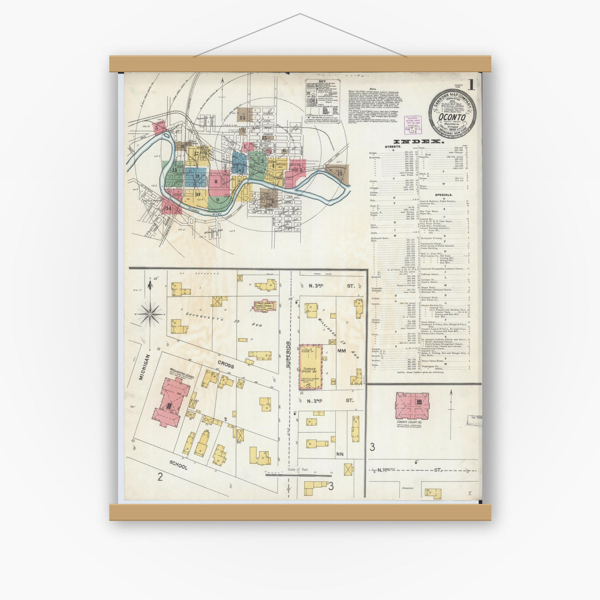 Old map wall art mockup — magnetic wood frame on white wall — Sanborn Fire Insurance Map from Oconto, Oconto County, Wisconsin (1904) - Complete Map Set
