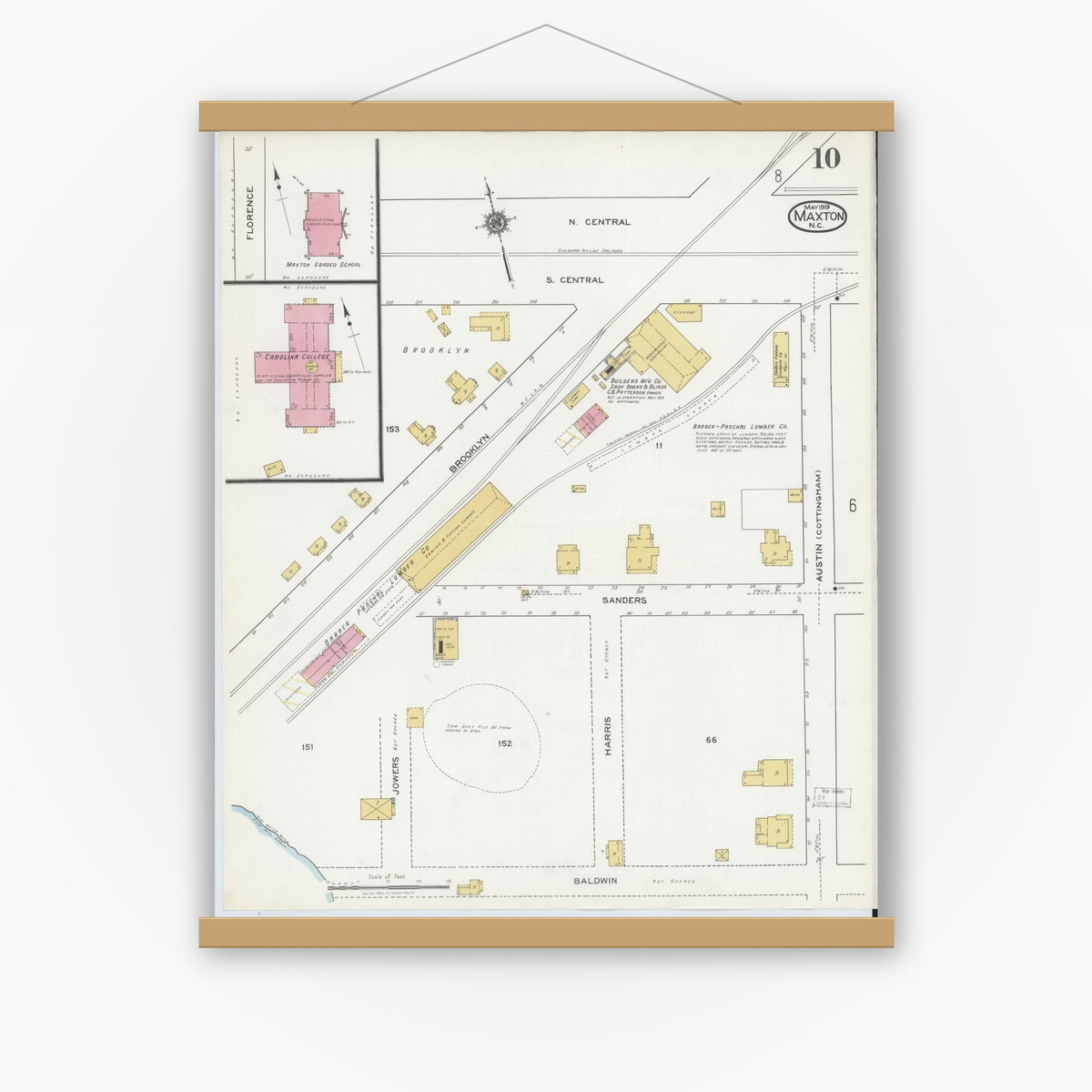 Old map wall art mockup — magnetic wood frame on white wall — Sanborn Fire Insurance Map from Maxton, Robeson County, North Carolina (1919), Sheet #0010