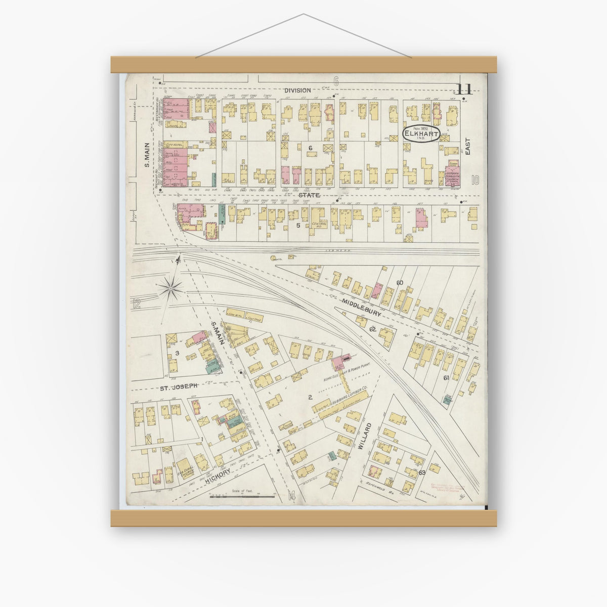 Old map wall art mockup — magnetic wood frame on white wall — Sanborn Fire Insurance Map from Elkhart, Elkhart County, Indiana (1892), Sheet #0011