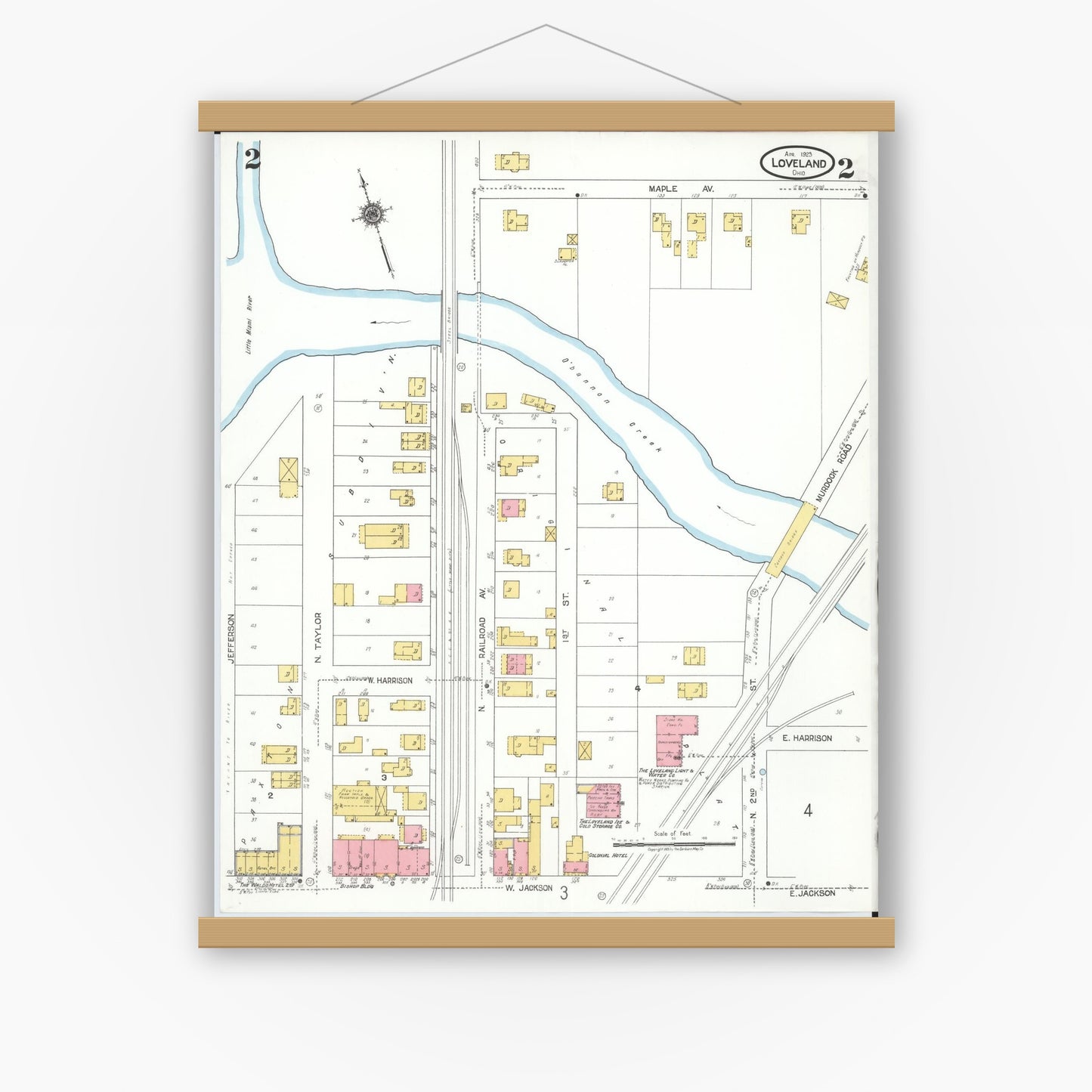 Old map wall art mockup — magnetic wood frame on white wall — Sanborn Fire Insurance Map from Loveland, Clermont, Hamilton, And Warren County, Ohio (1923), Sheet #0002