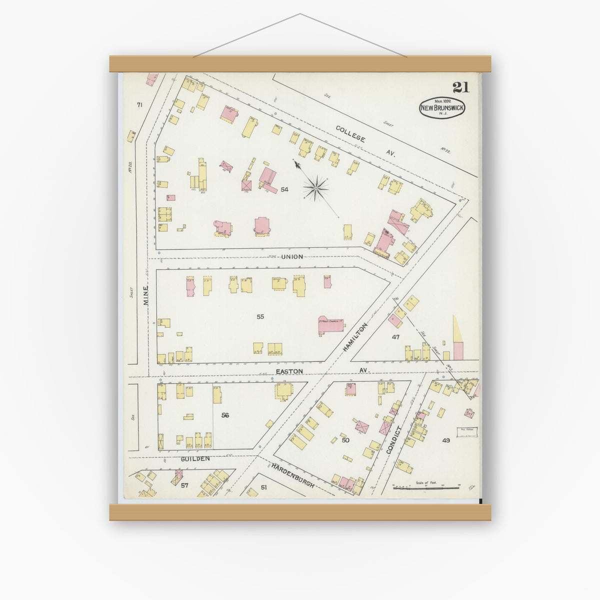 Old map wall art mockup — magnetic wood frame on white wall — Sanborn Fire Insurance Map from New Brunswick, Middlesex County, New Jersey (1892), Sheet #0021