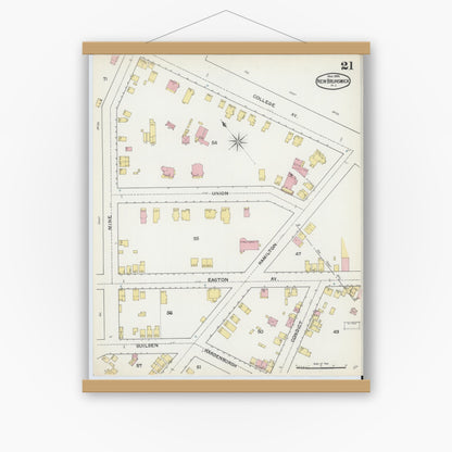 Old map wall art mockup — magnetic wood frame on white wall — Sanborn Fire Insurance Map from New Brunswick, Middlesex County, New Jersey (1892), Sheet #0021
