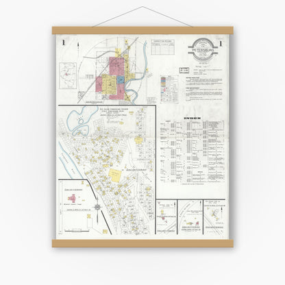Old map wall art mockup — magnetic wood frame on white wall — Sanborn Fire Insurance Map from Petersburg, Menard County, Illinois (1933) - Complete Map Set